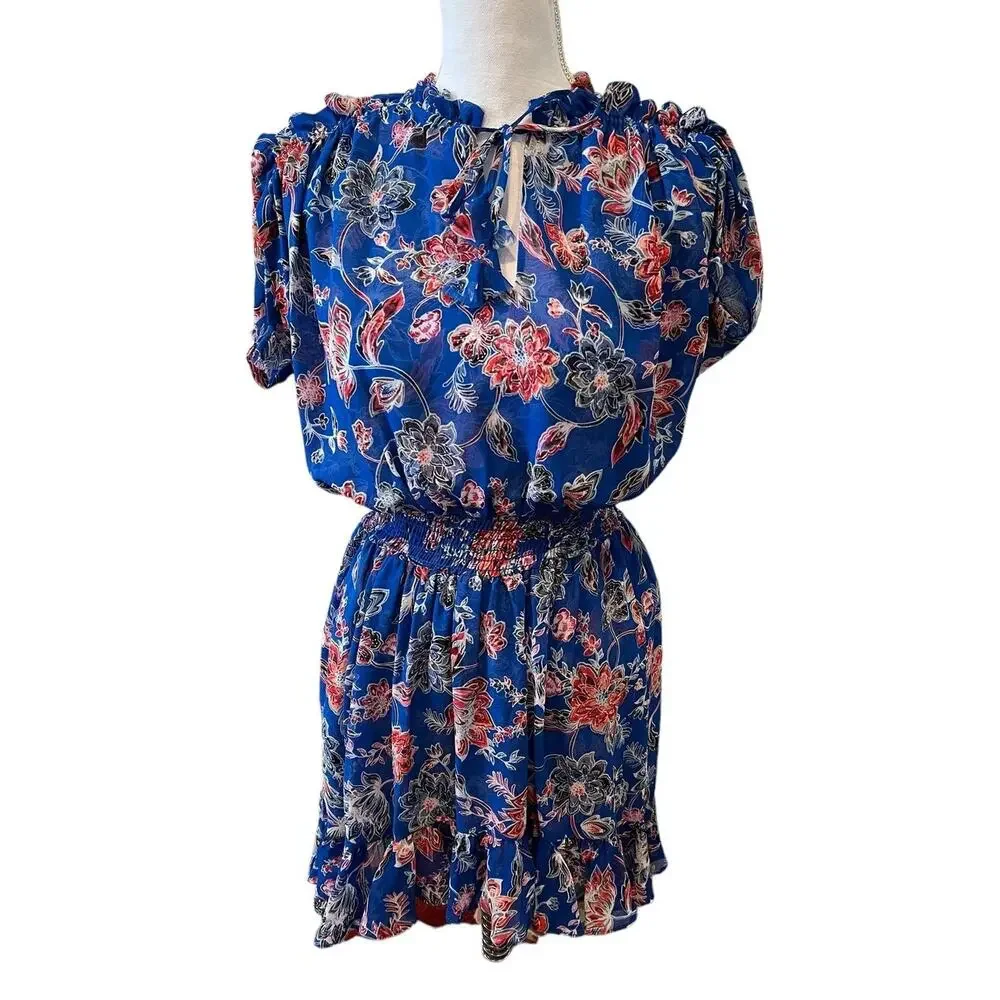 Misa LA Dominque Chiffon Smocked Tiered Mini Dress Blue Floral Print M